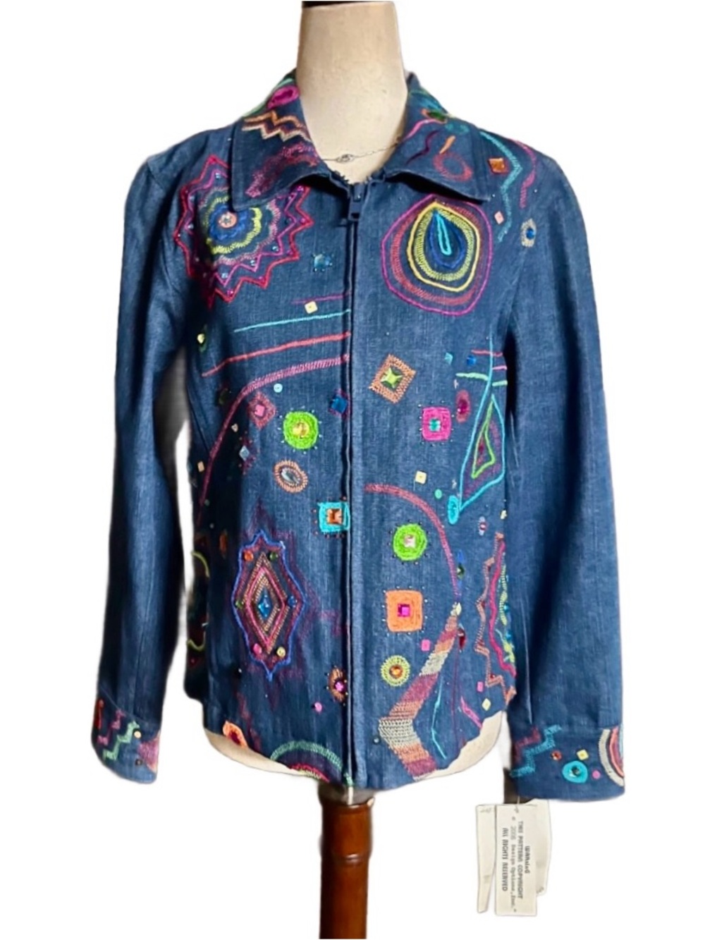 Design Options ~ Small ~ Blue Denim W/ Multi- Colors Beaded ~ Jacket ~ New